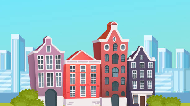 stadtstraße mit vintage-häusern, die cartoon-fassaden bauen. - denmark copenhagen brick street stock-grafiken, -clipart, -cartoons und -symbole