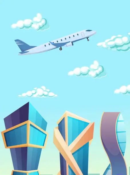 Vector illustration of Plane flying in sky, among clouds, over buildings with skyscrapers.