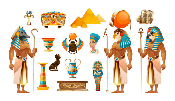 ilustraciones, imágenes clip art, dibujos animados e iconos de stock de egipto símbolos antiguos, animales sagrados, pirámide, tumba, sarcófago, vector cruzado - sarcófago
