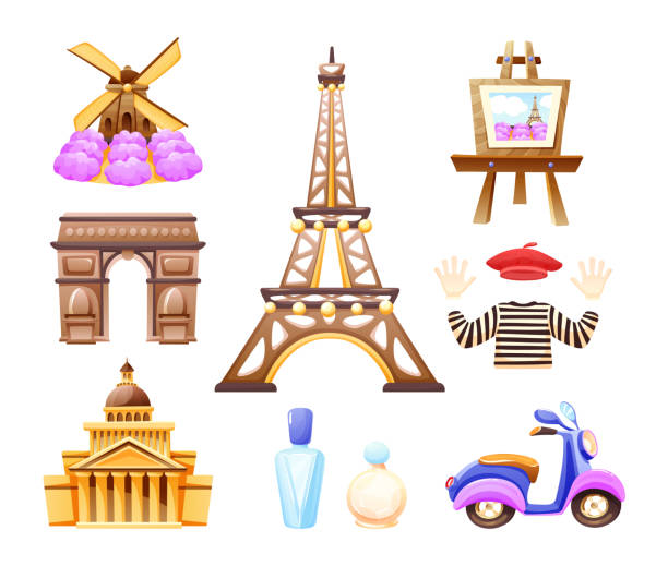 Concept of travel, trip to Paris, the sights of France. Travel to Paris, sights of France. Paris tourist landmarks, Eiffel Tower, Arc de Triomphe, historic buildings, French perfumes, art, food, mill, electric scooter. Trip vector cartoon illustration historic building stock illustrations