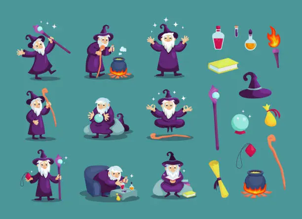 Vector illustration of Wizard male character, mage, sorcerer in mantle and hat.