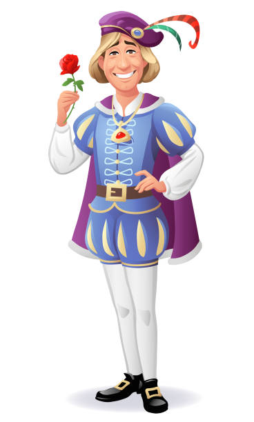 Prince Charming Holding A Red Rose Vector illustration of a smiling prince holding a red rose, isolated on white. prince royal person stock illustrations