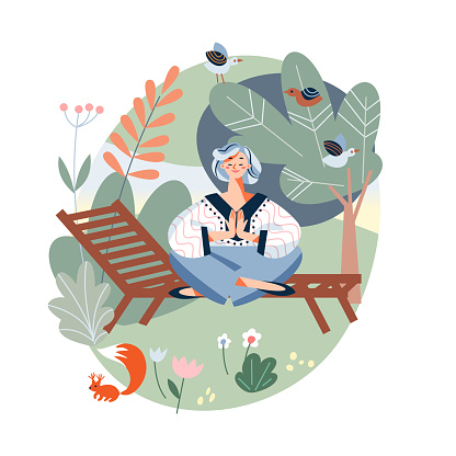 istock Woman meditating in green summer nature garden, girl sitting on lounge in lotus position 1358708575