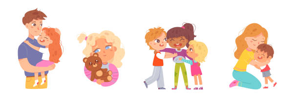 ilustraciones, imágenes clip art, dibujos animados e iconos de stock de abrazos familiares felices entre niños y padres o pequeños amigos, padre e hija abrazados - affectionate