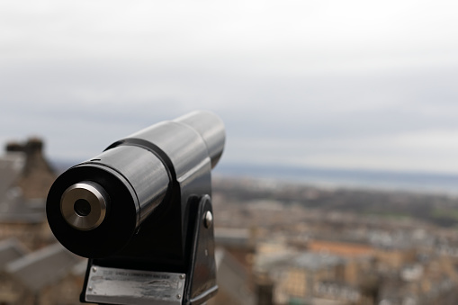 Close up picture of a blue coin-operated binoculars in Edinburgh Coin operated binoculars