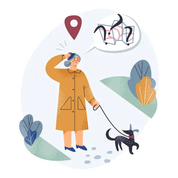 Vector illustration of Dementia, memory problem and amnesia of old people, woman with silver hair walking dog