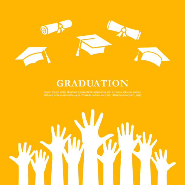 ilustrações de stock, clip art, desenhos animados e ícones de happy graduation poster, students raised hands - graduation adult student mortar board diploma