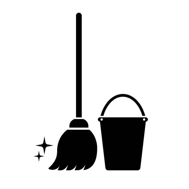 Mop and bucket icon, cleaning service symbol Cleaning service vector icon isolated on white background custodian silhouette stock illustrations