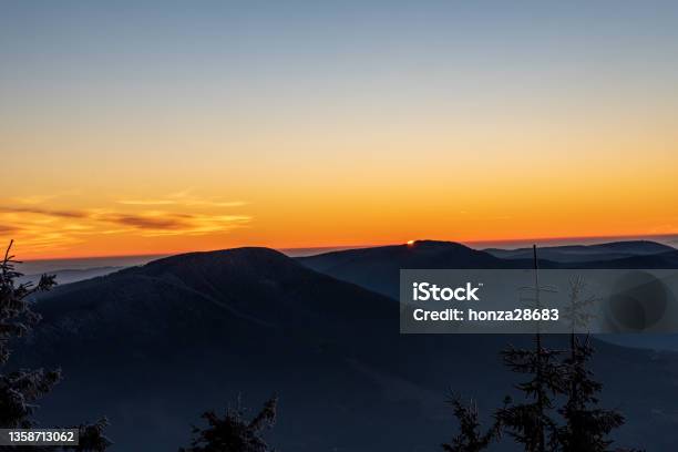 Sunset From Lysa Hora Hill In Moravskoslezske Beskydy Mountains In Czech Republic Stock Photo - Download Image Now