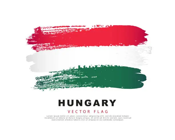 Vector illustration of Hungary flag. Freehand green, white and red brush strokes. Vector illustration isolated on white background.