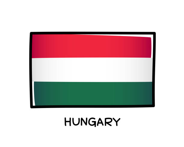 ilustraciones, imágenes clip art, dibujos animados e iconos de stock de bandera húngara. logotipo colorido de la bandera de hungría. pinceladas a mano alzada rojas, blancas y verdes. contorno negro. ilustración vectorial - hungary flag banner dirty