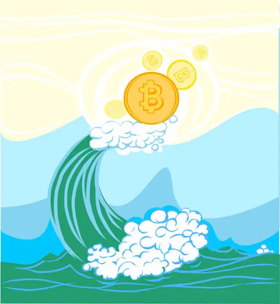 Vector illustration of bitcoin on a wave