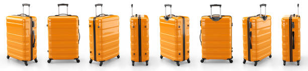 A set of orange suitcases on a white background. 3D rendering illustration.