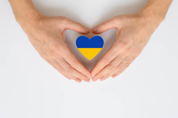 여성의 손에 우크라이나의 국기. 애국심의 개념, 존중과 우크라이나의 시민과의 연대 - 우크라이나 뉴스 사진 이미지