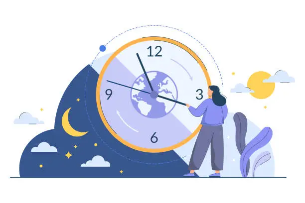 Vector illustration of Tiny woman near clock with changing circadian rhythm