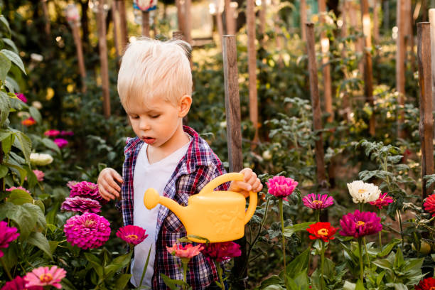 istock Cute Boy Holding Flowering Plants 1358728706