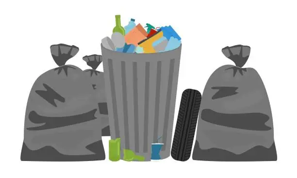 Vector illustration of Garbage in a metal tank and in bags around. Unsorted waste.