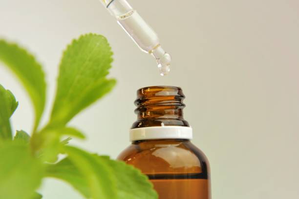 Stevia rebaudiana. liquid stevia extract in glass bottle , fresh stevia sprig on light green background.Organic natural sweetener.