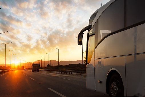 A bus is traveling on the asphalt highway roadrural land against the sunset. Travel and transport concept. High quality photo