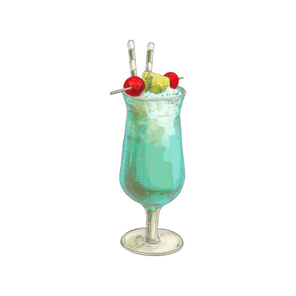 illustrazioni stock, clip art, cartoni animati e icone di tendenza di cocktail blu hawaii con ciliegia e ananas in bicchiere highball. - blender concepts red black