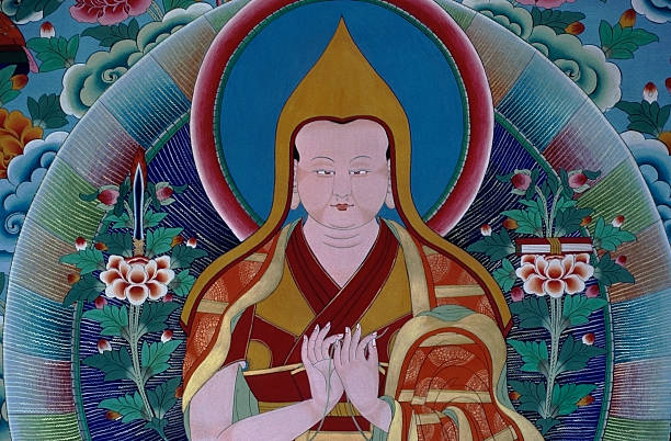 Tsongkhapa first Dalai Lama mural in Tibet Mural painted in temple in east Tibet of Tsongkhapa, the founder of the Yellow Hat sect. He is considered to be the first Dalai Lama of Tibet, and lived from 1357 to 1419. dalai lama stock pictures, royalty-free photos & images