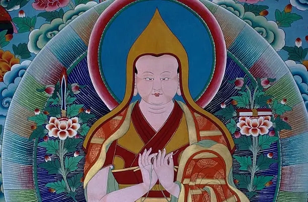 Mural painted in temple in east Tibet of Tsongkhapa, the founder of the Yellow Hat sect. He is considered to be the first Dalai Lama of Tibet, and lived from 1357 to 1419.