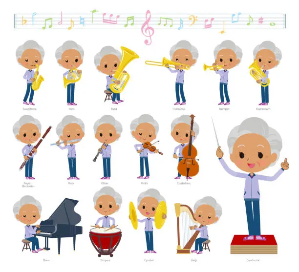 Vector illustration of A set of old women in purple jerseys  on classical music performance