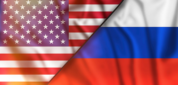 Russia and United States two flags textile cloth, fabric texture