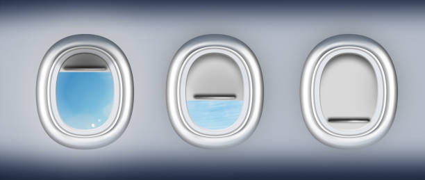 istock Open and closed airplane portholes, banner design 1358737604