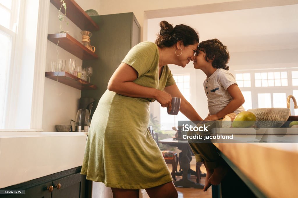 Affectionate mother touching noses with her young son Affectionate mother touching noses with her young son in the kitchen. Cheerful mother and son looking at each other fondly. Loving single mother bonding with her son at home. Mother Stock Photo