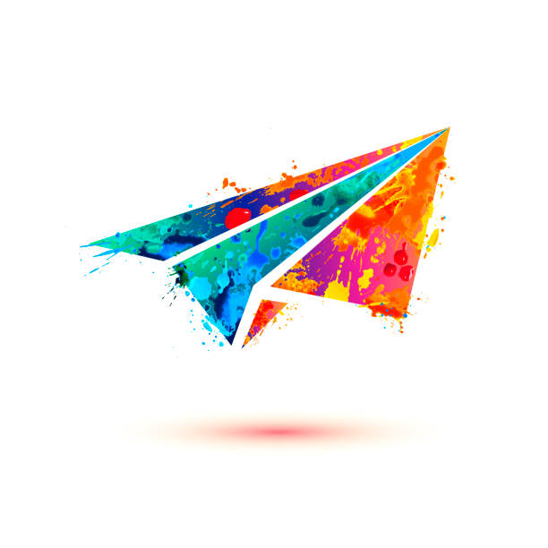 Paper plane silhouette vector icon Paper plane silhouette. Vector watercolor splash paint icon origami hand stock illustrations