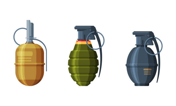 granate oder granate als sprengwaffe von hand geworfen vektor-set - hand grenade stock-grafiken, -clipart, -cartoons und -symbole