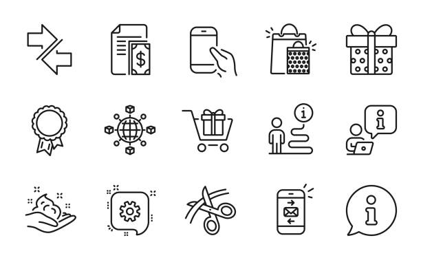 Line icons set. Included icon as Hold smartphone, Shopping bags, Synchronize. Vector Line icons set. Included icon as Hold smartphone, Shopping bags, Synchronize signs. Logistics network, Gift box, Mail symbols. Skin care, Scissors, Success. Shopping cart, Cogwheel. Vector synchronize stock illustrations