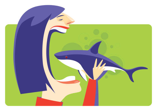 stockillustraties, clipart, cartoons en iconen met woman going to eat shark - toy shark