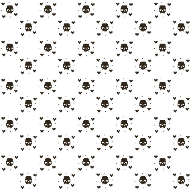 vektor-pixel-art nahtloses muster des schwarzen menschlichen schädels mit abstrakten herzen auf weißem hintergrund - video game skull monster 1980s style stock-grafiken, -clipart, -cartoons und -symbole