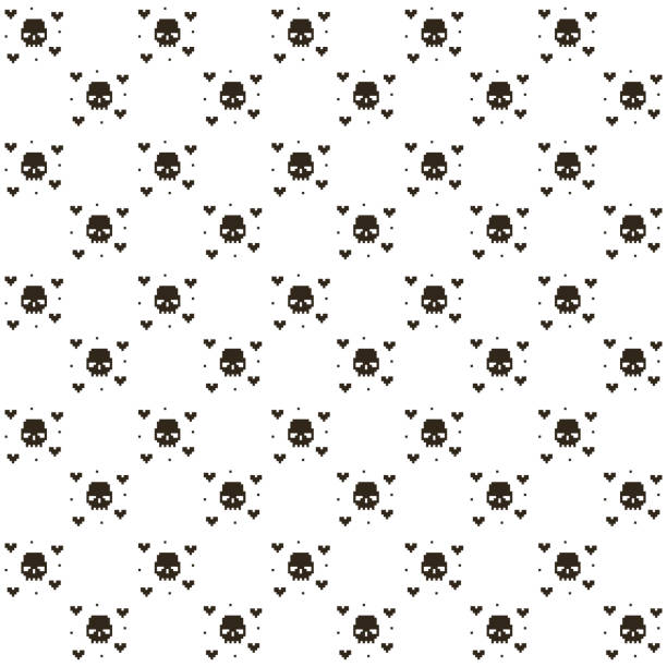 ilustrações de stock, clip art, desenhos animados e ícones de vector pixel art seamless pattern of black human skull with abstract hearts on white background - video game skull monster 1980s style