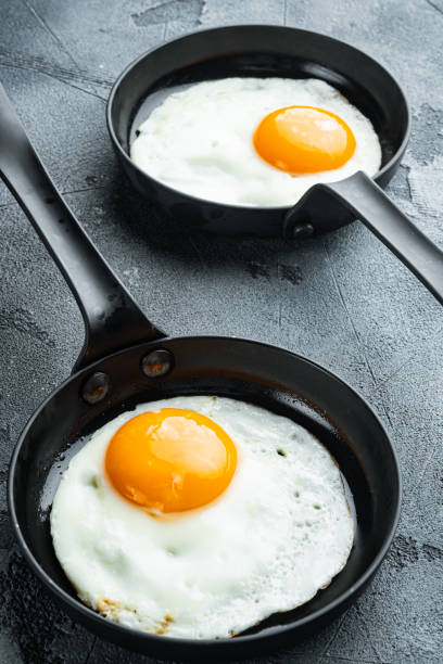 istock Fried Egg with ingredients in cast iron frying pan, on gray background 1358741854