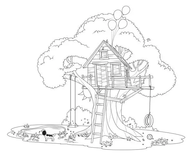 Vector illustration of Black and white Tree house. House on tree for kids