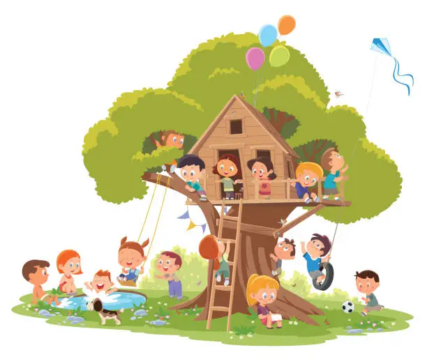 Vector illustration of Boys and girls playing at treehouse