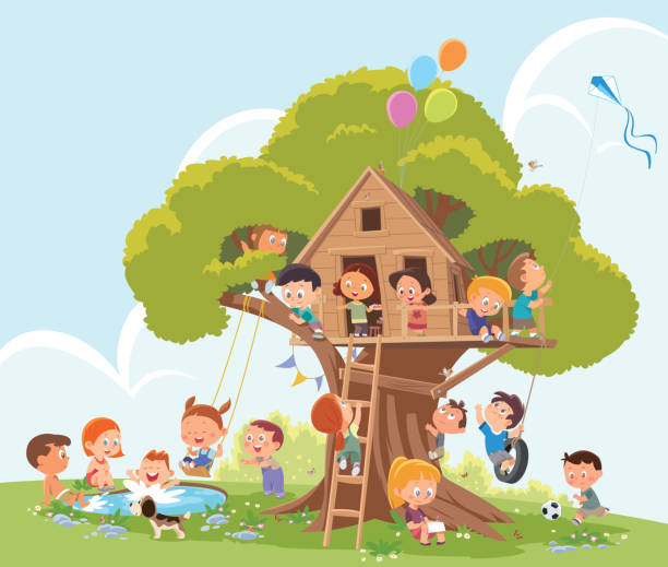 ilustraciones, imágenes clip art, dibujos animados e iconos de stock de niños jugando en una casa en el árbol - dog school illustrations