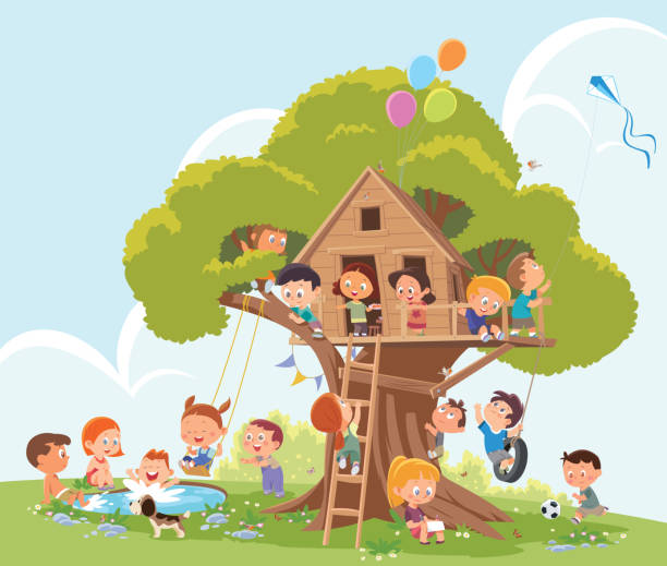 ilustrações, clipart, desenhos animados e ícones de crianças brincando em uma casa na árvore - dog education school cartoon