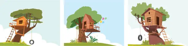 Vector illustration of Wooden house on tree, empty children playground