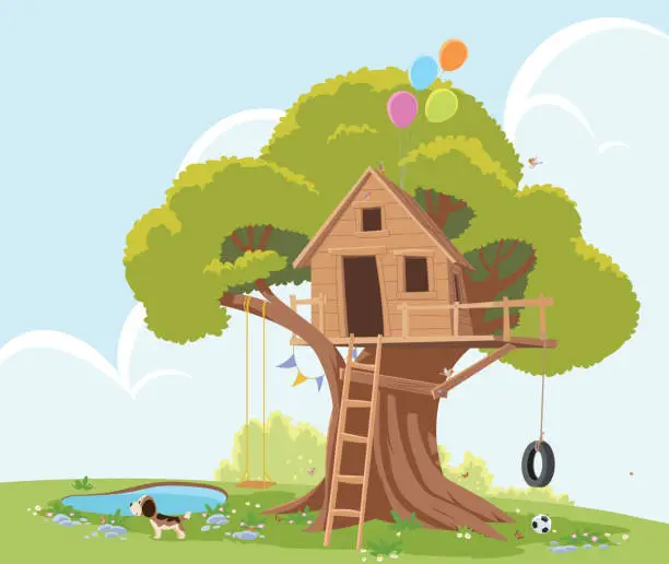 Vector illustration of Tree house. House on tree for kids