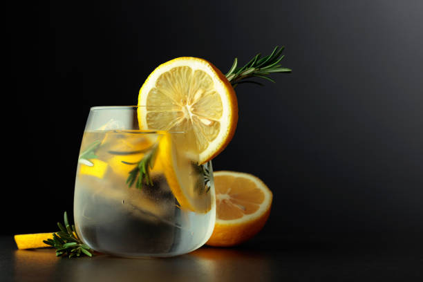 cocktail gin-tonic mit zitronenscheiben und rosmarinzweigen auf schwarzem grund. - glass ice tonic water frozen stock-fotos und bilder
