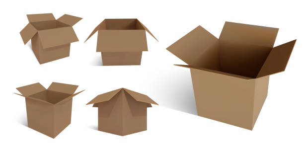 istock Set of realistic cardboard brown delivery boxes with shadow or postal parcel packaging isolated on white background. Open box. Top view. Vector illustration 1358743960