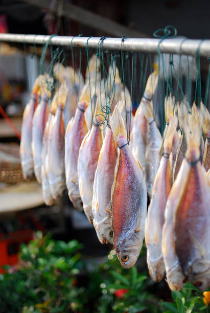 istock Dried preserved fish hanging on bamboos by sea. 1358745067