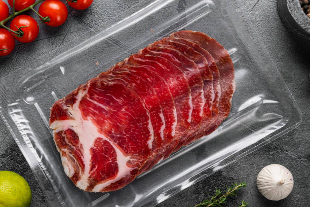 istock Italian meat cold cuts pack, on gray stone table background, top view flat lay 1358745139