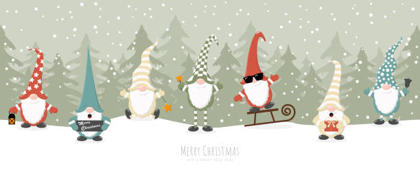 christmas gnomes with winter firs background christmas gnomes with different characters for christmas and winter time concepts, falling snow, woodland with firs and greetings for christmas and New Year on green background Gnome stock illustrations