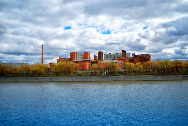 istock Russian factory at Moscow river background 1358746611
