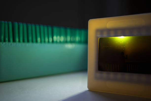istock Vintage film slides archive box background 1358748361